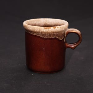 May include: A brown ceramic mug with a handle. The mug has a dark brown body and a lighter brown rim. The handle is also brown. The mug is likely used for drinking coffee or tea.