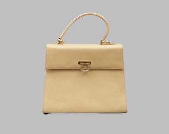 1950s Funaro Italy Structured Leather Top Handle Bag — Beige Flap Clasp, Mid-Century Handbag