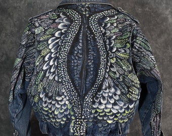 Vintage Hand-Painted Denim Jacket | Julian Lopez Florida Artist, Feather Design Wearable Art | One of a Kind