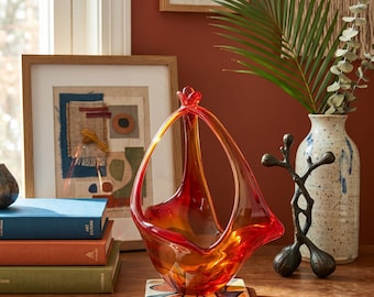 1960s Murano Sommerso Glass Basket — Red Amber Sculptural Italian Centerpiece