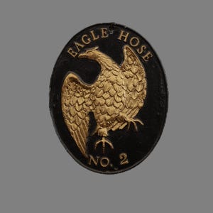 May include: Oval-shaped, black and gold emblem featuring a detailed golden eagle with outstretched wings. The text "EAGLE HOSE" arches above the eagle, and "NO. 2" is at the bottom. The emblem has a textured surface.