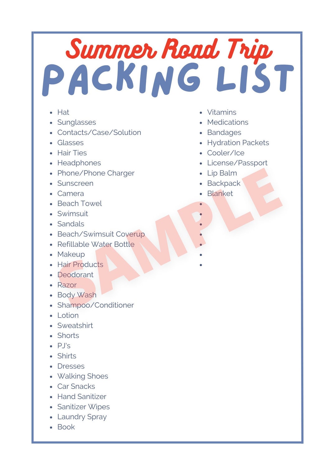 Summer Road Trip Packing List Printable - Etsy