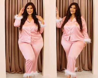 Dusty Pink Feather Long Pajama Set, Plus Size Feather Pajama, Plus Size Feather Long Pajama, Bridesmaid Pajama Set, Long & Long Pants Set