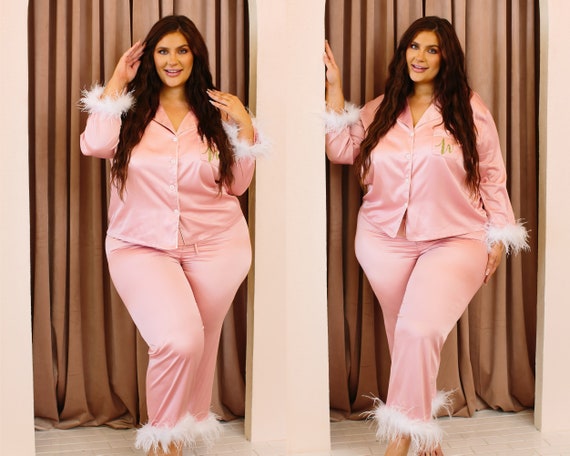 Dusty Pink Feather Long Pajama Set, Plus Size Feather Pajama, Plus Size  Feather Long Pajama, Bridesmaid Pajama Set, Long & Long Pants Set 