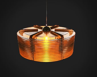 Houten kroonluchter, halverwege de eeuw modern, houten hanglamp, handgemaakte plafondlamp, kroonluchterverlichting, houten lampenkap, eetkamerlamp