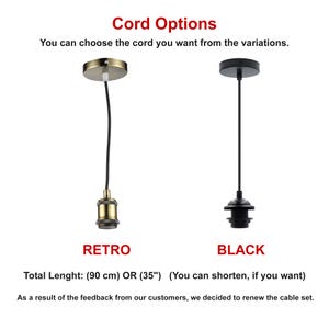 Puede incluir: La imagen muestra dos opciones de cable para l&aacute;mparas colgantes: Retro y Negro. La opci&oacute;n Retro tiene un acabado de lat&oacute;n, mientras que la opci&oacute;n Negro es negro mate. La longitud total es de 90 cm, pero se puede acortar.