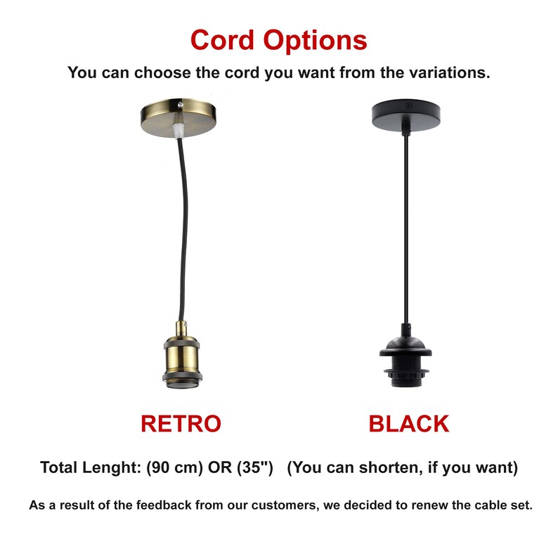 Puede incluir: La imagen muestra dos opciones de cable para l&aacute;mparas colgantes: Retro y Negro. La opci&oacute;n Retro tiene un acabado de lat&oacute;n, mientras que la opci&oacute;n Negro es negro mate. La longitud total es de 90 cm, pero se puede acortar.