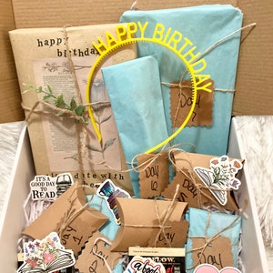 Birthday week blind date with a book mystery box|book themed mystery box|blind date with a book plus seven mystery gifts