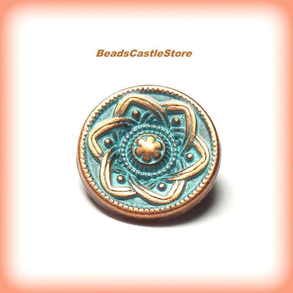 3-8-12-20 Round Antique Copper Buttons-Turquoise color accented-Floral Metal Shank Buttons-15mm-Hole 2.2mm-Option of 3, 8, 12, 20 pcs-(#121)