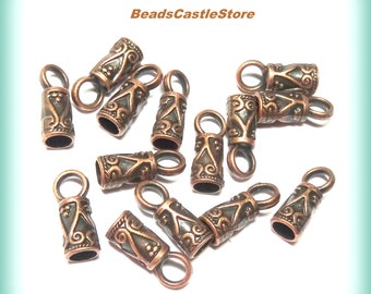 10-20-40 Cord End Caps with Loop-Antique Copper Tone-Metal Cord Ends-14mm x 5.5mm-Fits 3.5mm cord-Option 10, 20, or 40 pieces-(#115)
