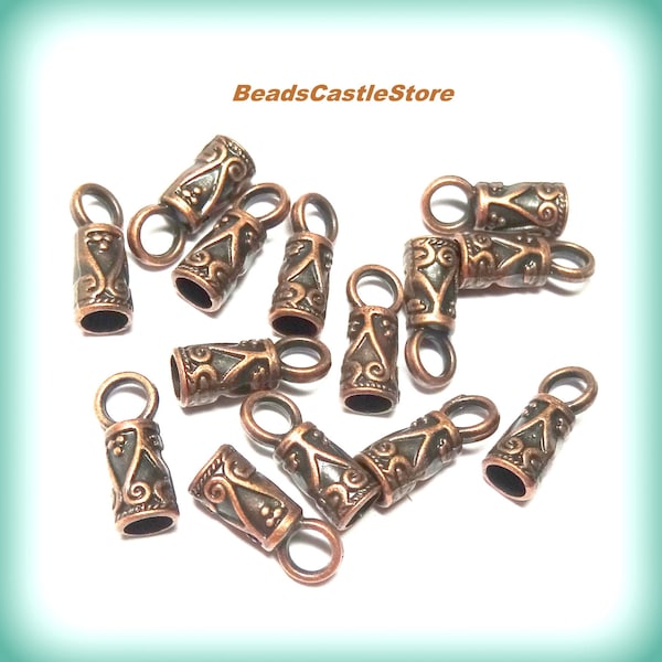 10-20-40 Cord End Caps with Loop-Antique Copper Tone-Metal Cord Ends-14mm x 5.5mm-Fits 3.5mm cord-Option 10, 20, or 40 pieces-(#115)