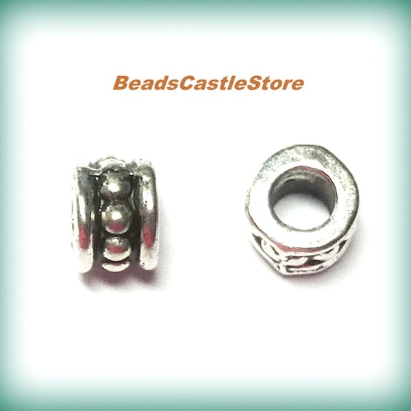 50 Antique Silver Tube Beads-Metal Spacer-Tibetan Beads-Cylinder Bead-Big Hole Bead-6x4mm-3mm Hole-(#7)