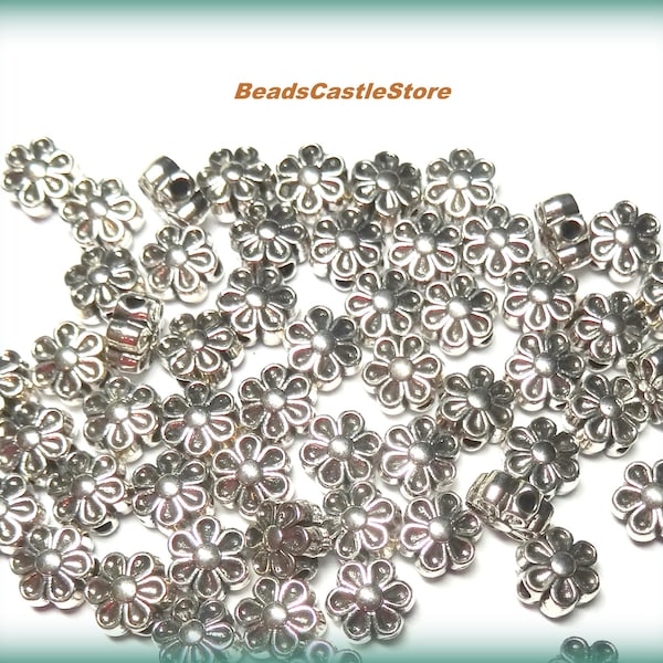 50 or 100 Antique Silver Beads-Metal Flower Spacer-Floral Design Bead-6.5mm x 4.5mm Hole 1mm-(#36)