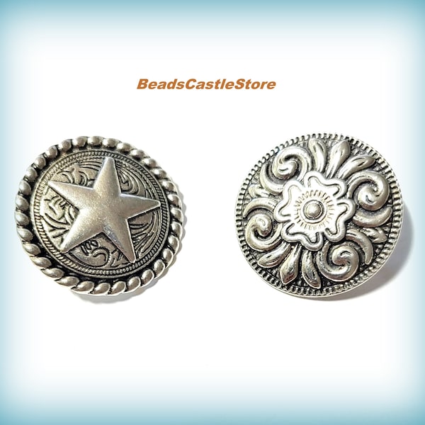 3-4-6-8 Shank Buttons-Large Antique Silver Concho Buttons-Floral Jewelry Supply Sewing Buttons-Lone Star Southwestern Style Closure-(#347)