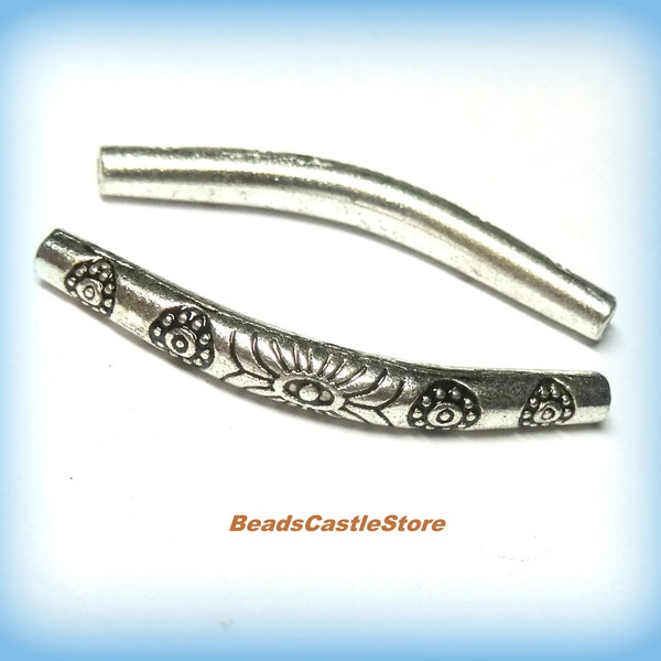 5-10-20-40 Tube Beads-Antique Silver Metal Beads-Metal Spacers-35mm Hole 1.5mm-Metal Curved Tube-Floral Spacer Bead-Flower bead-(#20)