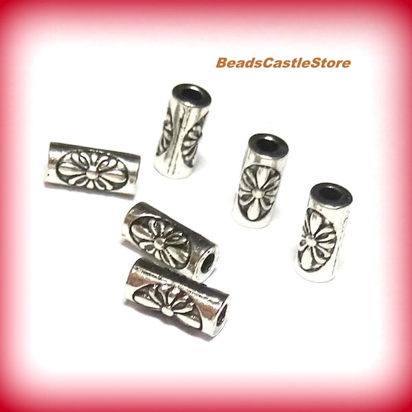 25-50-100 Antique Silver Tone Spacers-Floral Metal Beads-Small Tube Beads-8mm x 4mm-Hole 1.6mm-Option of 25 50 or 100 pieces-(#216)