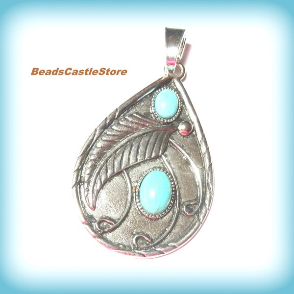 1-2-4 Antique Silver color Pendant with Faux Turquoise Blue-Large Detachable Bail- 79mm x 43mm-Bail 11.9mm x 5.6mm-(#257)