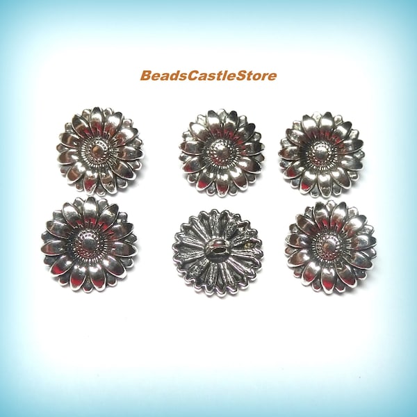Botón de metal de flor-Opción de 3-6-10-20-Botón de plata brillante brillante-Botón de estilo tibetano-Motivo de girasol floral-18 mm-Agujero de bucle 2,3 mm-(#1)
