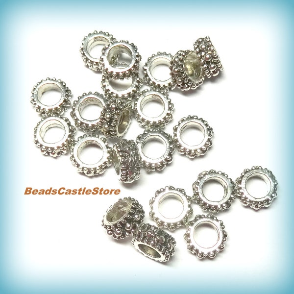 25-50-100 Spacers-Round Metal Beads-Antique Silver tone-Fine detail carving-9mm x 4.5mm-Large Hole 4.5mm-(#101)