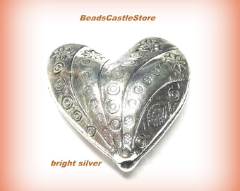 2-5-10 Heart Bead-Bright Antique Silver Heart Pendants-Floral Design-30mm x 30mm-Hole 3mm-Option of 2, 5, or 10 pieces-(#32)