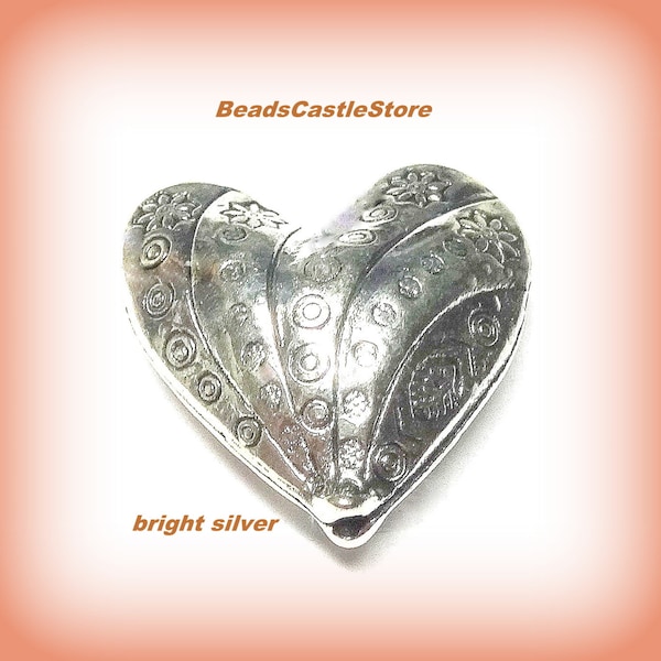 2-5-10 Heart Bead-Bright Antique Silver Heart Pendants-Floral Design-30mm x 30mm-Hole 3mm-Option of 2, 5, or 10 pieces-(#32)