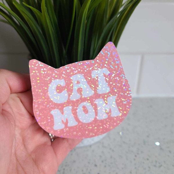 Cat Mom Sticker, Cat Head Decal, Cat Themed Sticker, Holographic Sparkle Sticker, Gift For Cat Mom, Sticker For Kindle, Waterproof Sticker