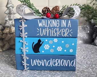 Walking In A Whisker Wonderland, Cat Tier Tray Books, Christmas Cat Themed Book Stack, Wooden Books, Holiday Tier Tray Decor, Cat Decor