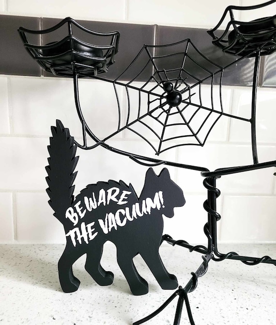 Beware The Vacuum, Spooky Cat Decor, Halloween Cat Shelf Sitter, Black Cat Decor, Cat Tiered Tray Decor, Fall Cat Decor, Wood Cat Silhouette