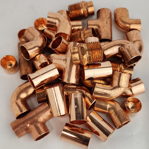 Copper Fittings 1/2 inch raw (DIY parts for custom copper artwork, decor, hangers, mounts, or other) elbow, tee, adapter, coupler, cap 90 45