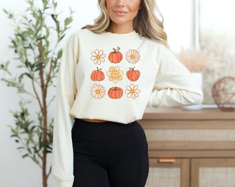 Pumpkin and Floral Long Sleeve Shirt | Comfort Colors Fall Tee