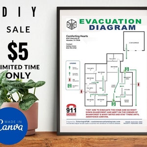 K&ouml;nnte beinhalten: Ein druckbares Evakuierungsschema f&uuml;r ein Haus mit einem Grundriss, Pfeilen, die die Fluchtwege zeigen, und einer Legende, die die Symbole erkl&auml;rt. Das Diagramm enth&auml;lt die Adresse "8327 Shartrest Dr Houston, TX 77036" und die Kontaktinformationen "Ashley Green 832-763-3152". Das Diagramm enth&auml;lt auch den Text "Sie sollen das Haus evakuieren und direkt nach Sharpcrest gehen und sich an der Ecke von Sharpcrest & Mary Bates treffen und dort bleiben, bis Hilfe eintrifft."