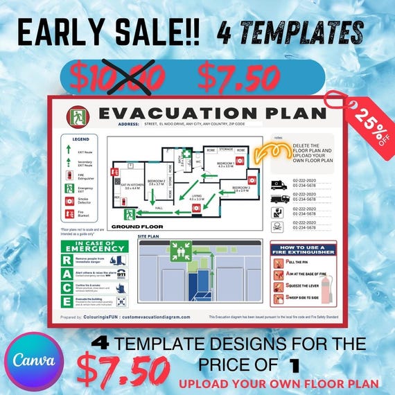 Evacuation Plan Fire Escape Downloadable Editable in Canva Personalize Airbnb 4 Templates