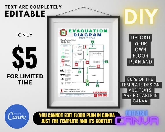 Evacuation Diagram Fire Escape Downloadable Editable in Canva Personalize Airbnb Portrait Mode 3 Templates