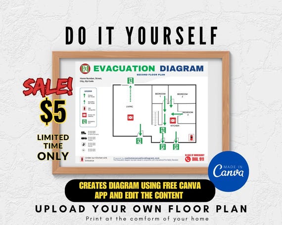 Fire Evacuation Plan Escape Diagram Downloadable Editable in Canva Personalize Airbnb Landscape Orientation