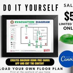 以下が含まれることがあります： 黒い縁取りのある額入りの避難図で、矢印と記号が付いた平面図が特徴です。「Do It Yourself」、「Evacuation Diagram」、「Upload Your Own Floor Plan」などのテキストが含まれています。青い円には「Made in Canva」と書かれています。