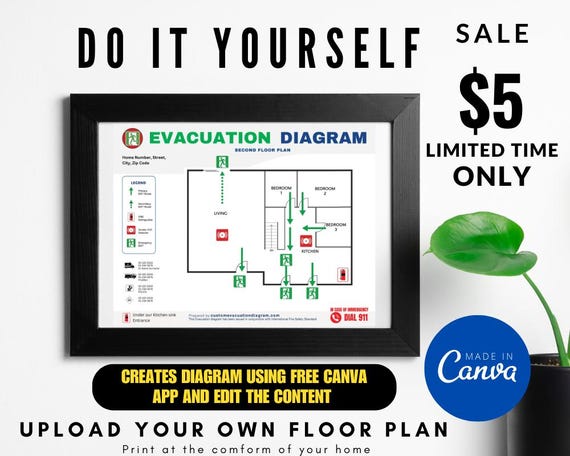 Evacuation Diagram Fire Escape Downloadable Editable in Canva Personalize Airbnb Landscape Orientation