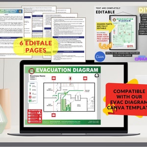 K&ouml;nnte beinhalten: Ein Laptop-Computer zeigt eine gr&uuml;n-wei&szlig;e Evakuierungsplan-Vorlage f&uuml;r Canva. Das Diagramm zeigt einen Grundriss mit R&auml;umen, Ausg&auml;ngen und Feuerl&ouml;schern. Der Text "Kompatibel mit unserer Evakuierungsplan-Vorlage f&uuml;r Canva" wird in einem roten Kasten angezeigt.