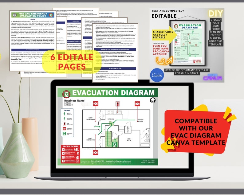 K&ouml;nnte beinhalten: Ein Laptop-Computer zeigt eine gr&uuml;n-wei&szlig;e Evakuierungsplan-Vorlage f&uuml;r Canva. Das Diagramm zeigt einen Grundriss mit R&auml;umen, Ausg&auml;ngen und Feuerl&ouml;schern. Der Text "Kompatibel mit unserer Evakuierungsplan-Vorlage f&uuml;r Canva" wird in einem roten Kasten angezeigt.