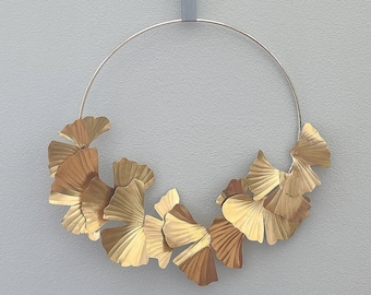 Brass Gingko Wreath, All Season Wreath, 21st Wedding Anniversary Gift, Artificial Wreath, Metal Door Hanger, Wall Hanging, Metal Wreath