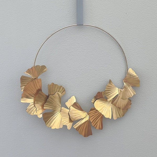 Brass Gingko Wreath, All Season Wreath, 21st Wedding Anniversary Gift, Artificial Wreath, Metal Door Hanger, Wall Hanging, Metal Wreath