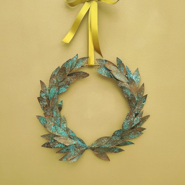 French Style Aged Verdigris Copper Laurel Wreath, Metal Wreath, Laurel Metal Wreath, Copper Art, Artificial Door Wreath, All Season Wreath