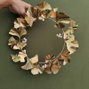 Brass Gingko Biloba Gold Pearl Wreath, all season wreath, cottage wreath, artificial wreath, pearl wreath, brass 21st wedding anniversary image 2