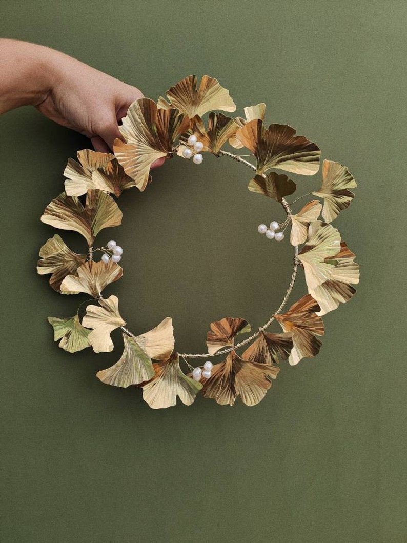 Brass Gingko Biloba Pearl Wreath, festive wreath, cottage wreath, winter wreath, artificial wreath, 21st wedding anniversary gift image 1