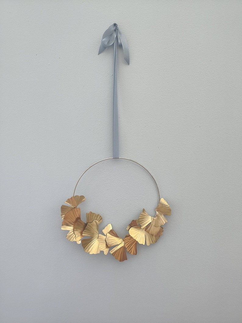 Brass Gingko Wreath, All Season Wreath, 21st Wedding Anniversary Gift, Artificial Wreath, Metal Door Hanger, Wall Hanging, Metal Wreath image 1