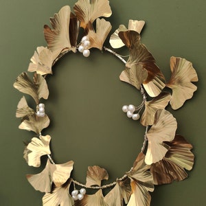 Brass Gingko Biloba Pearl Wreath, festive wreath, cottage wreath, winter wreath, artificial wreath, 21st wedding anniversary gift image 10