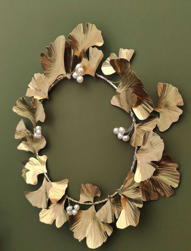 Brass Gingko Biloba Pearl Wreath, festive wreath, cottage wreath, winter wreath, artificial wreath, 21st wedding anniversary gift image 10