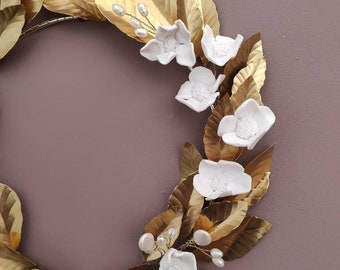 French Provencal Style Brass & Porcelain Laurel Wreath, Gold Metal Wreath, Artificial Wreath, Door Wreath, All Season Wreath, Spring Wreath