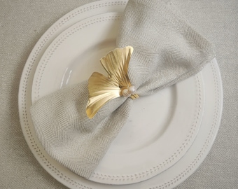 Gold Brass Pearl Gingko Biloba Napkin Ring, Wedding Table Setting, 21st Anniversary Table Decorations, Gold Napkin Rings, Napkin Holders