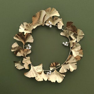 Brass Gingko Biloba Gold Pearl Wreath, all season wreath, cottage wreath, artificial wreath, pearl wreath, brass 21st wedding anniversary image 9