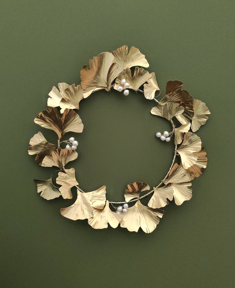 Brass Gingko Biloba Pearl Wreath, festive wreath, cottage wreath, winter wreath, artificial wreath, 21st wedding anniversary gift image 9